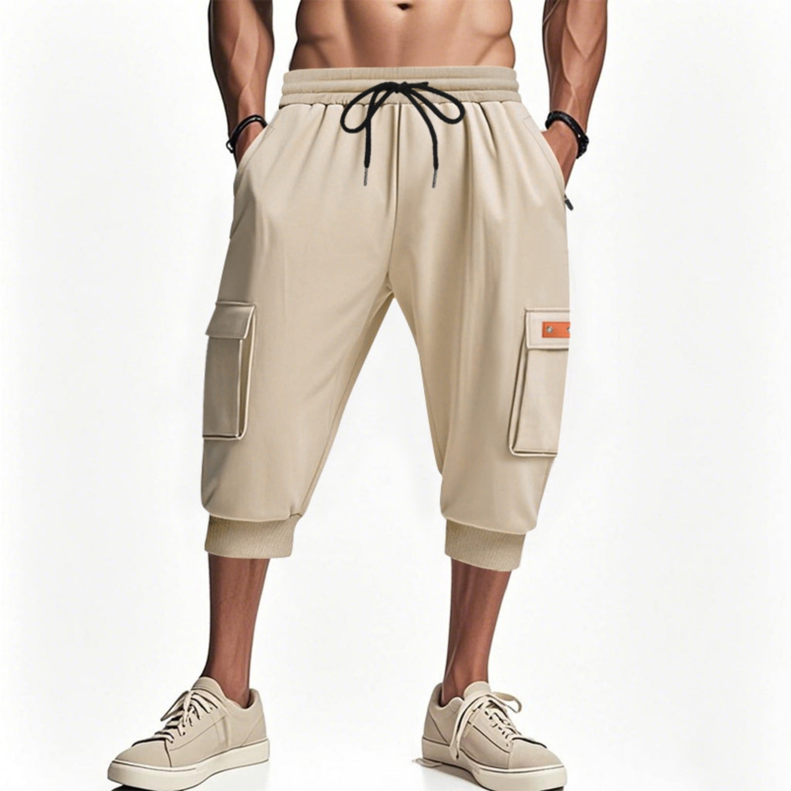 Men's Harem Capri Pants - Drop Crotch, Elastic Waist With Drawstring, Lightweight Cotton Cropped Trousers