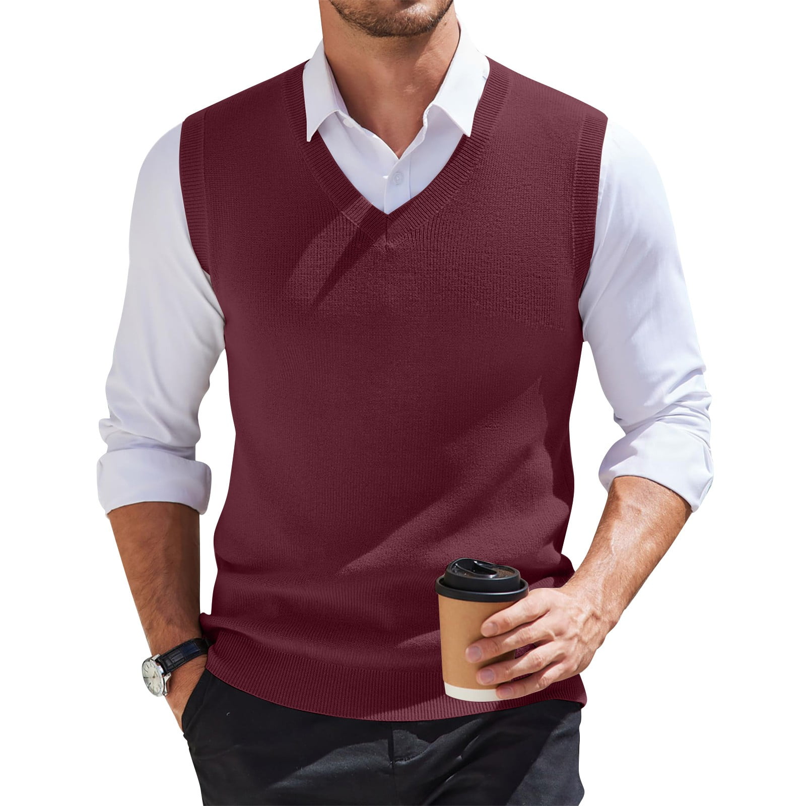 CHCNHAC Men's Vests Classic V-Neck Slim Fit Cable Knit Sleeveless Tank Tops Nice Comfy Plus Size Business Work Pullover Sweater for Dad Husband Red 2XL