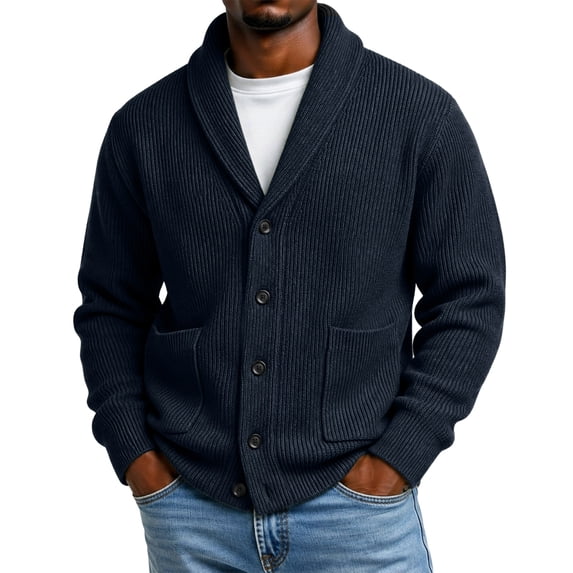 CHCNHAC Mens V Neck Cardigan Sweater Shawl Collar Button Front Ribbed Knit Long Sleeve Casual Winter Knitwear Outerwear, Black