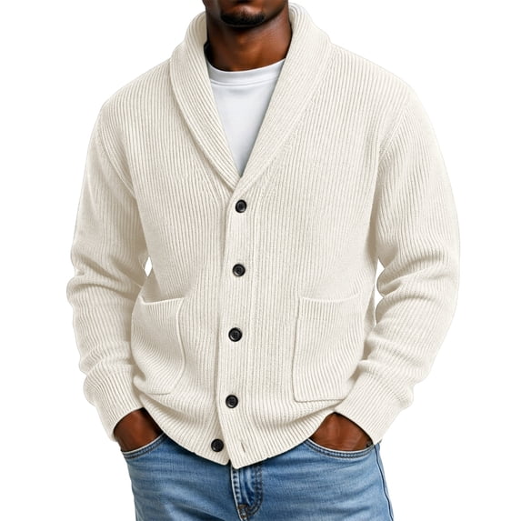 CHCNHAC Mens V Neck Cardigan Sweater Shawl Collar Button Front Ribbed Knit Long Sleeve Casual Winter Knitwear Outerwear, Khaki