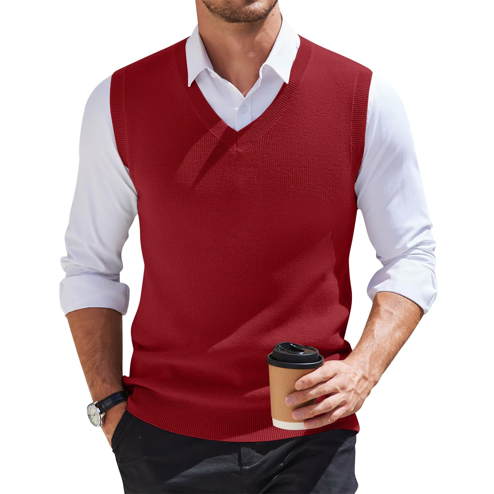 CHCNHAC Mens Vests Classic V-Neck Slim Fit Cable Knitted Sleeveless Tank Tops Fashion Comfy Plus Size Business Work Pullover Sweater for Dad Husband Red 2XL