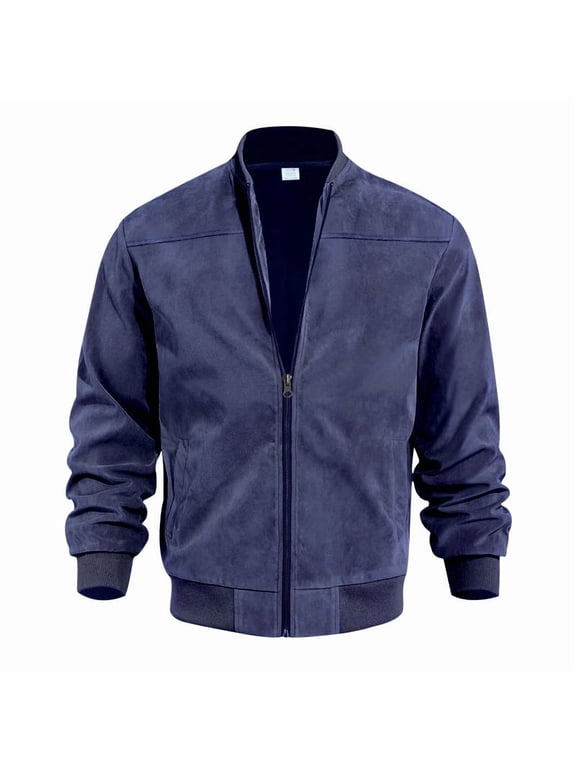 Mens Winter Casual Workwear Commuter Jacket Long Sleeve Zip Front Stand Collar Ribbed Cuffs Regular Fit Outerwear, Navy - S