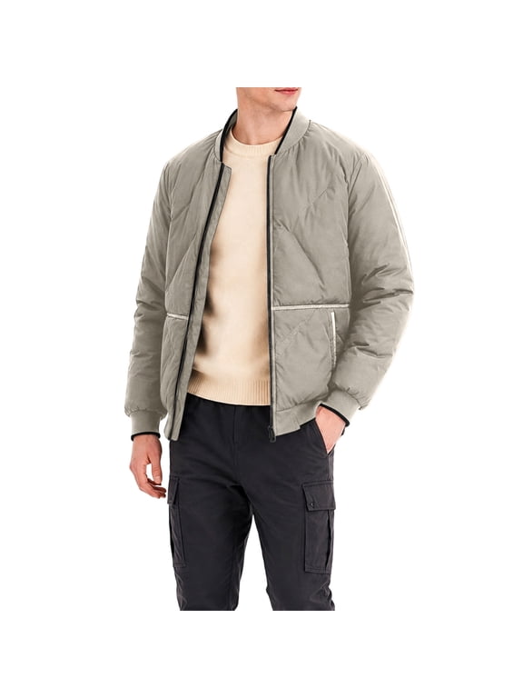 Mens Winter Puffer Jacket Quilted Padded Coat Lightweight Insulated Zip Front Bomber Outerwear Ribbed Cuffs, Khaki