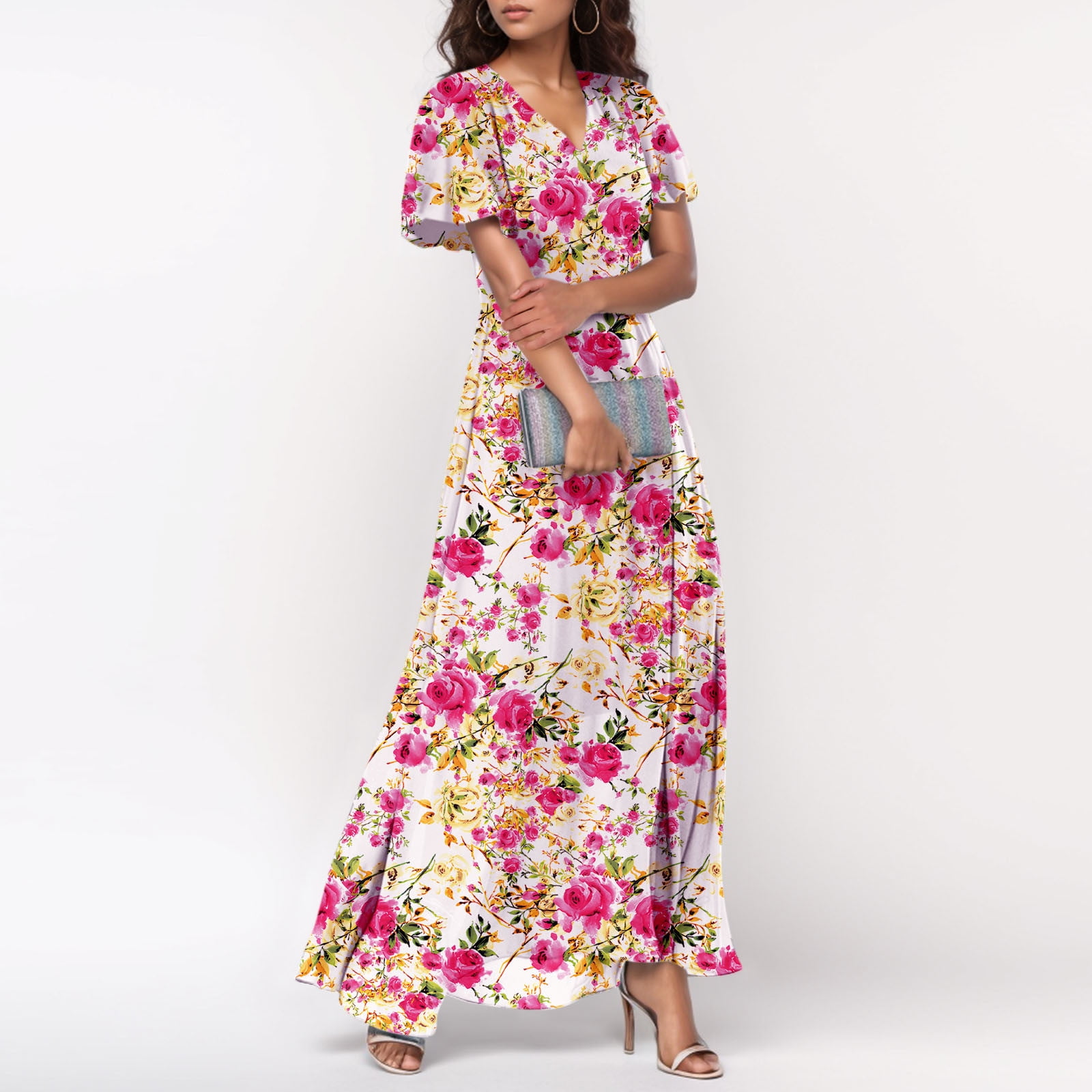 Women's Swiss Dot Maxi Dress - Wrap V-Neck Short Sleeve Boho Flowy Wedding Guest Dress (Summer 2025)