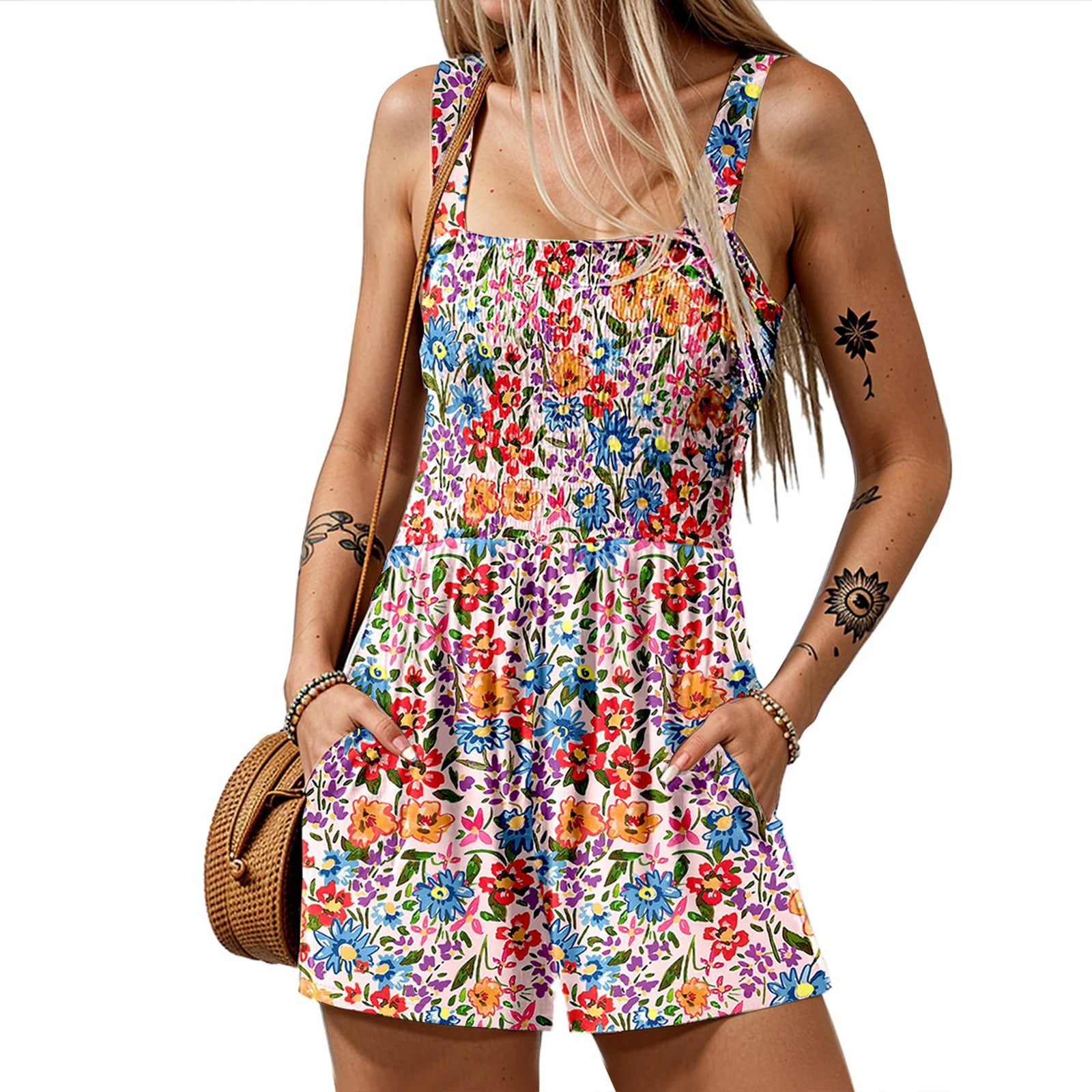 CHCNHAC Summer Romper for Women Casual Smocked Square Neck Sleeveless ...