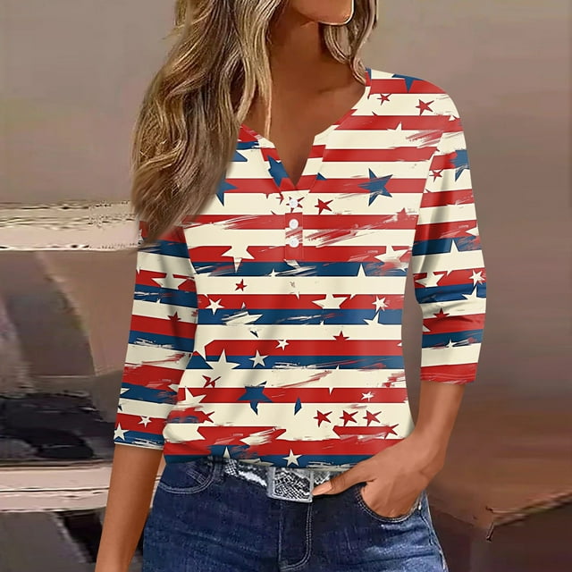 CHCNHAC Womens 4th Of July Shirts Trendy 4th Of July Printed Tops 4th Of July 3/4 Sleeve Button Down V-Neck Shirts Summer Loose Festival Shirts Red L