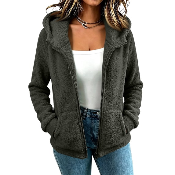 CHCNHAC Womens Plush Hooded Jacket Zip Front Fleece Outerwear Long Sleeve Casual Fall Winter Coat with Side Pockets Loose Fit, Army Green - L