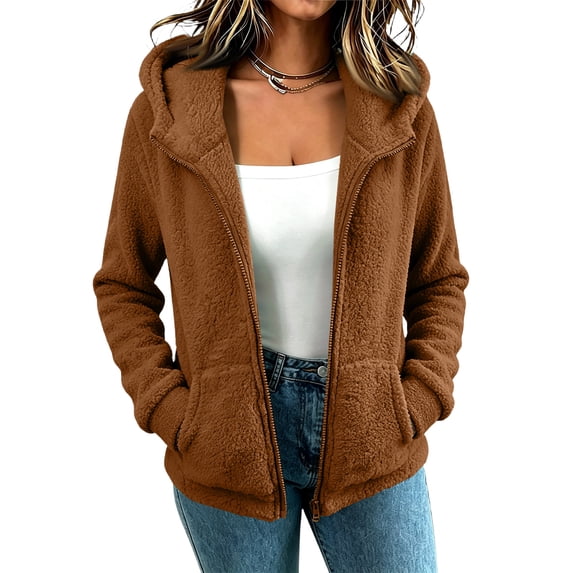 CHCNHAC Womens Plush Hooded Jacket Zip Front Fleece Outerwear Long Sleeve Casual Fall Winter Coat with Side Pockets Loose Fit, Brown - L