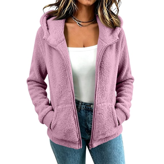 CHCNHAC Womens Plush Hooded Jacket Zip Front Fleece Outerwear Long Sleeve Casual Fall Winter Coat with Side Pockets Loose Fit, Light pink - M