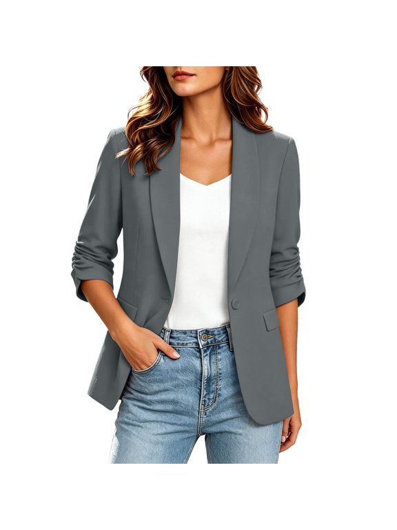 Womens Three Quarter Sleeve Blazer Jacket Single Button Open Front Lapel Collar Casual Tailored Outerwear, Gray