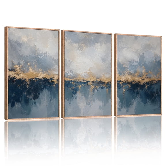 CHDITB Abstract Wall Art Minimalist Wall Decor Blue Gold Framed Modern Wall Print Luxury Canvas Set of 3 for Living Room Bedroom Office 24x36 Inch