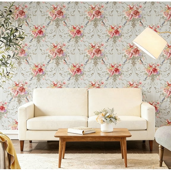 CHDITB Boho Floral Wallpaper Pink Flower Peel and Stick Bird Bouquet Nature Wall Decal for Bedroom Living Room 17.3in x 9.8ft