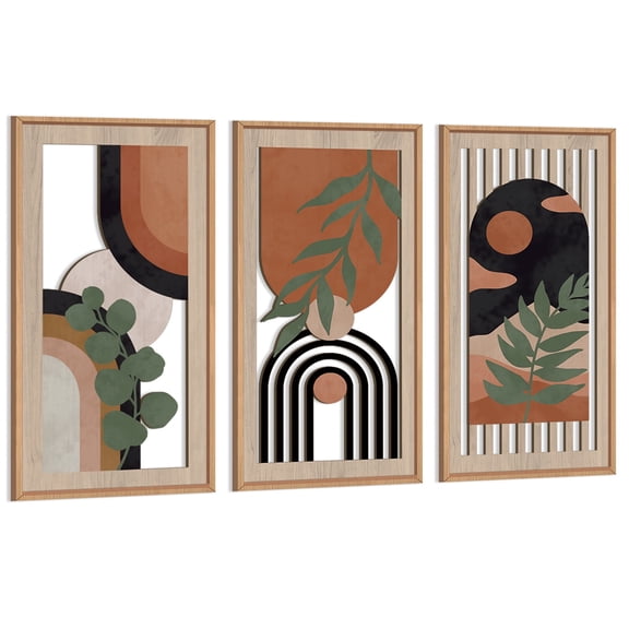 CHDITB Boho Wood Wall Art Sage Framed Botanical Geometric Cut out Set of 3 for Living Room Bedroom Farmhouse 8x16 Inch