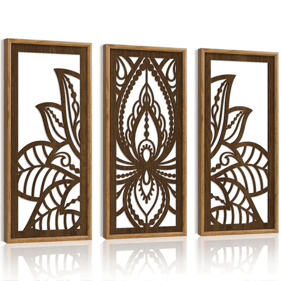 CHDITB Mandala Wood Wall Art Lotus Flower Brown Minimalist Leaf Set of 3 for Living Room Bedroom Office 8x16 Inch