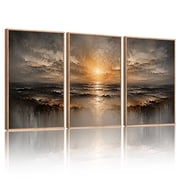 CHDITB Textured Abstract Ocean Sunset Painting Wall Art Textured Sea Wave Landscape Canvas Prints Set of 3 for Living Room Bedroom Office 24x36 Inch