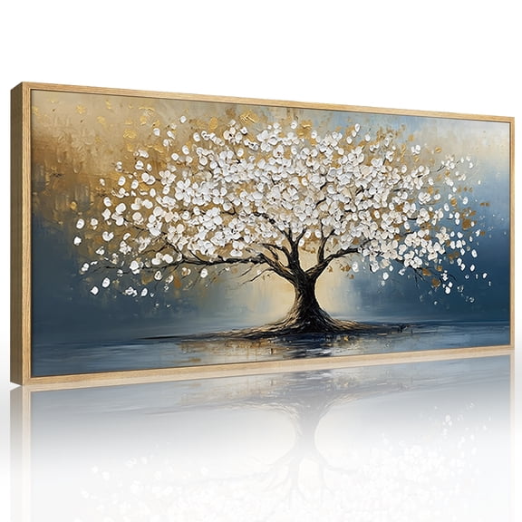 CHDITB Tree of Life Wall Art White Gold Leaf Framed Abstract Canvas for Living Room Bedroom Office 20x40 Inch