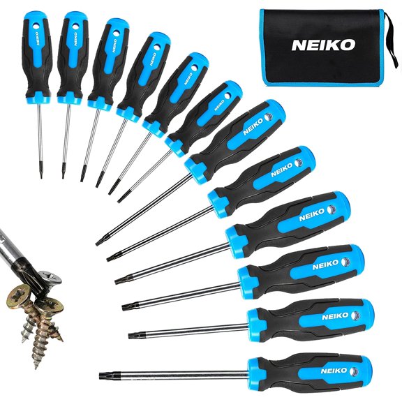 CHE-01377A Magnetic Torx Screwdriver Set | 12 Piece | T5  T40 | 6 Point Star Head Driver | Heat Treated Chrome Vanadium Steel | Non Slip Cushioned Handle Grip | Magnet Bit Tip | Carrying Pouch