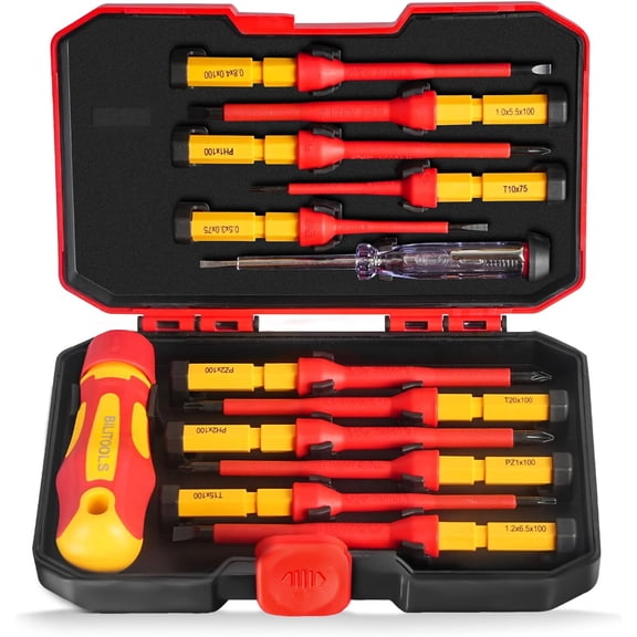 CHE-1000V Insulated Electrician Screwdriver Set - 13pcs Electrical Tools Kit with Magnetic CR-V Steel Tips, Insulated Handle, Phillips, Slotted, Pozi, Torx Screwdrivers, VDE & GS Certified