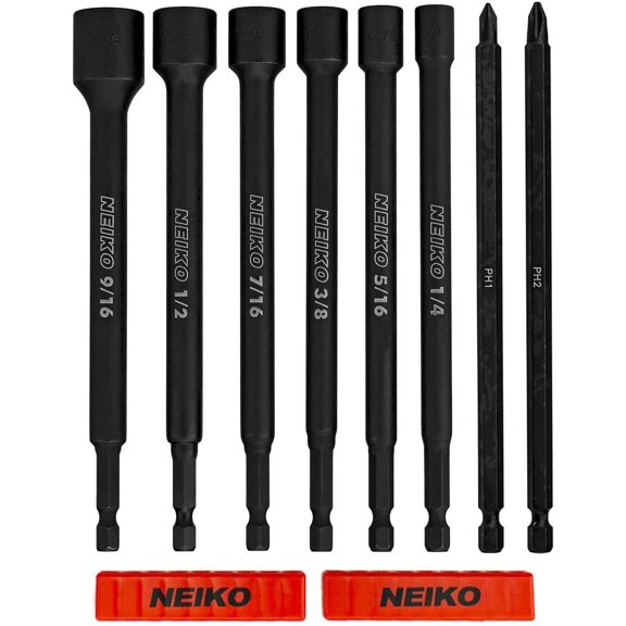 CHE-10067A Magnetic Impact Nut Driver and Power Bit Tool Set | 8 Pieces, SAE | 6 Inches | Shank Nut Driver Bits Setters | Magnetic Tip Sockets | 1/4 Inch Hex Shank