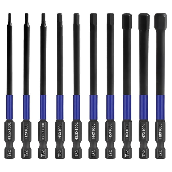 CHE-10pcs Metric Hex Bit Set, 100mm, TS2 Alloy Steel, Magnetic Impact Bits, Storage Box