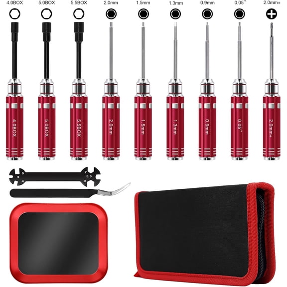 CHE-12 Pcs RC Car Tool Kit Screwdriver Set (Hex, Phillips, Flathead) with Pliers, Socket Wrenches, and Hobby Tools, Repair Tool for 1/18 1/24 RC Mini-Crawler SCX24, FCX24, TRX4M, UTB18, AX24(Red)