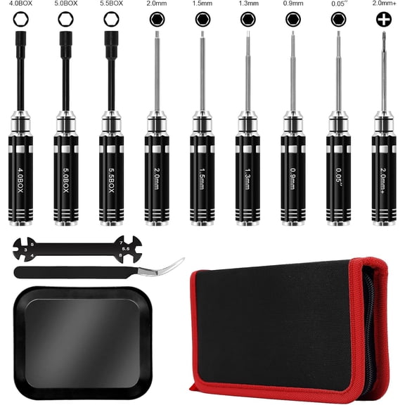 CHE-12 Pcs RC Car Tool Kit Screwdriver Set (Hex, Phillips, Flathead) with Pliers, Socket Wrenches, and Hobby Tools, Repair Tool for 1/18 1/24 RC Mini-Crawler SCX24, FCX24, TRX4M, UTB18, AX24(Black)