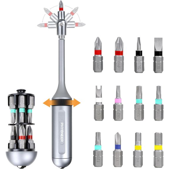 CHE-13-in-1 Ratcheting Screwdriver Set with 12 S2 Driver Bits, Direction Converter, and Magnetic Storage - Durable Aerospace Aluminum Handle for Household and Automotive Use.