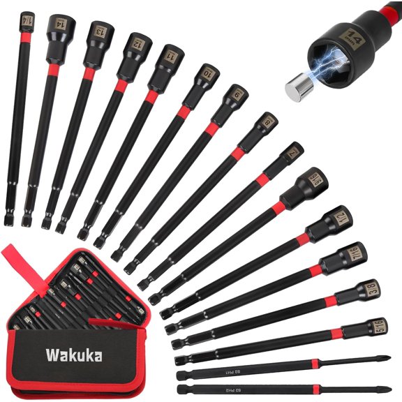 CHE-16PCS Magnetic Nut Driver Set, 6 inch Long Shank Nut Drivers for Impact Drills with SAE & Metric Nut Driver Set Socket Set,Magnetic Nut Driver 1/4"Hex Shank,Long Power Bits with Storage Bag