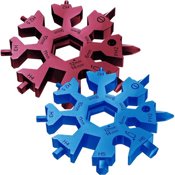 CHE-2 Pack 18 in 1 Snowflake Multi Tool, Phillips Flat Screwdriver Kit/Wrench/Bottle Opener, EDC Camping Gear, Gifts for Men (Blue+Red)