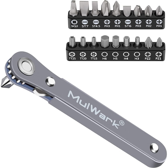 CHE-20pc 1/4 Ultra Low Profile Mini Ratchet Wrench Close Quarters Screwdriver Set with High Torque - Right Angle EDC Tool with 90 Degree Mini Offset Reversible Drive Handle & Multi Hex Bits Set