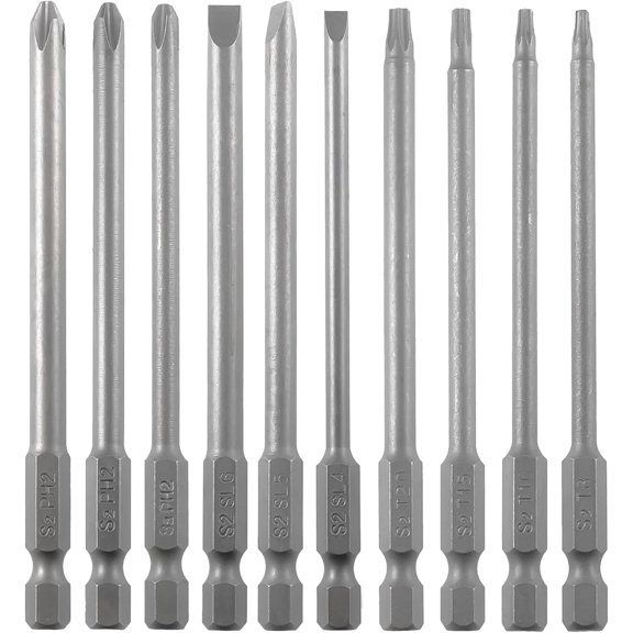 CHE-3-in-1 Assorted Long Screwdriver Bit Set Slotted Phillips Torx Security 10PCS 1/4 Inch Hex Shank 4 Inch/100 mm S2 Steel Tamper Proof Star 6 Point Magnetic for Screwdriver Drill Impact Driver