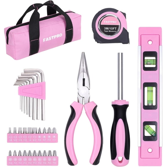 CHE-33-Piece Pink Tool Kit, Household Tool Set with Screwdriver Bits & Holder, Basic Hand Tools for Women with Tool Bag