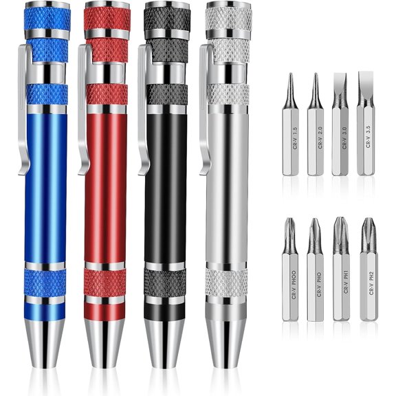 CHE-4 Pc Pocket Multitool Pen Screwdriver Set - 8 in 1 Mini Screwdriver, Magnetic, Portable, Flathead and Crosshead for Repairing and Installing