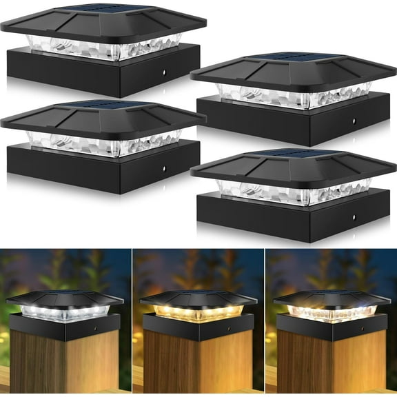 CHE-4x4in Solar Post Cap Lights Outdoor with 3 Modes, 4 Packs LED Post Light Solar Powered Waterproof, Wood/Vinyl Fence Posts Lights for Deck Railing Mailbox