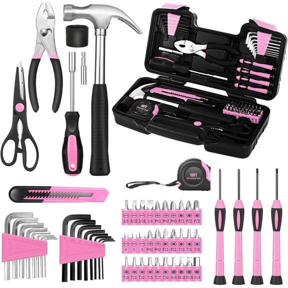 CHE-58-Piece Pink Tool Kit Basic Home Repair Tool Set, General Household Hand Tool Kit,Small Tool Kit with Plastic Toolbox Mini Tool kit for Women, Office & College Repairs