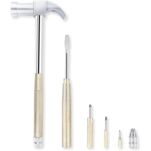 CHE-6 in 1 Metal Hammer & Screwdriver Multitool Set with Anti-Slip Grip Handle Slotted/Flat Head Phillips Screwdriver Nail Puller and Claw Hammer Best Gift for Sweetheart(Silver Yellow)