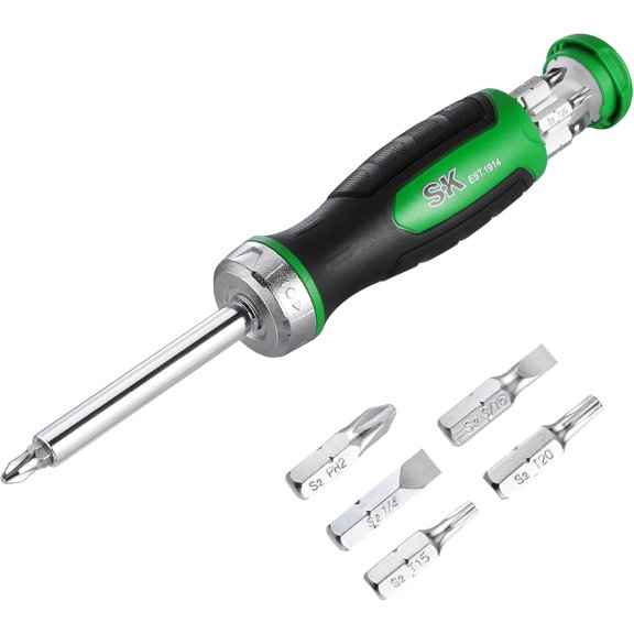 CHE-7-in-1 Ratcheting Screwdriver, 216-P, 6 Bits (Phillips, Star, Slotted), 1 Nut Driver Size (1/4 Inch), S2 Steel, SureGrip Handle