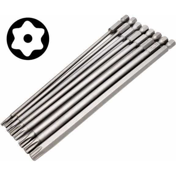 CHE-8pcs 6 Inch (150mm) Length 1/4 Inch Hex Shank Torx Head Screw Driver Bit Set Security Tamp er Proof Star 6 Point Screwdriver Kit Tools T8/T10/T15/T20/T25/T27/T30/T40