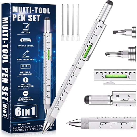 CHE-Cool Gifts For Men Woman, 6 IN 1 Multitool Pen For Him Father Grandpa Husband Boyfriend, Unique Multi Tool Gadget Stocking Stuffers Gifts From Daughter Wife Son (6-IN-1 SILVER)