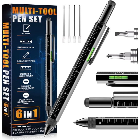 CHE-Cool Gifts For Men Woman, 6 IN 1 Multitool Pen For Him Father Grandpa Husband Boyfriend, Unique Multi Tool Gadget Stocking Stuffers Gifts From Daughter Wife Son (Black)