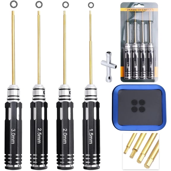 CHE-HobbyPark 4pcs 1.5mm 2.0mm 2.5mm 3.0mm Hex Screw Driver Set Titanium Hexagon Screwdriver Wrench Tool Kit Allen Keys, Screw Tray, Hex Wrench RC Repair Tools