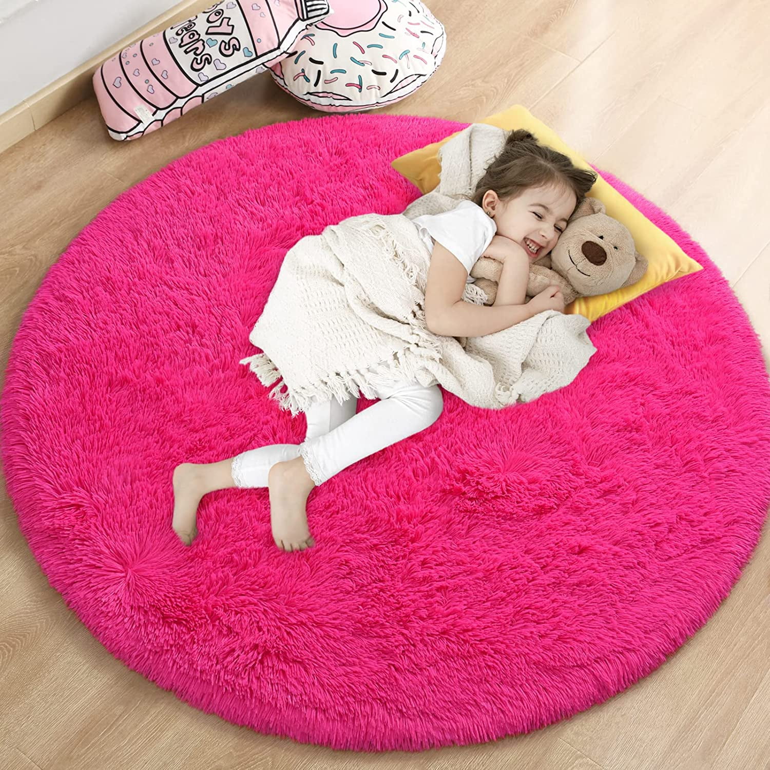 CHE-Hot Pink Round Rug for Girls Bedroom, Fluffy Circle Carpet 4'X4 ...