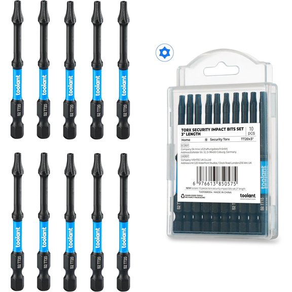 CHE-Impact Torx Bit Set 10pcs (TT20), 1/4 Hex-Shank S2 Steel Security Torx Bit Set, Tamper Proof Star Bit Set with CNC Machined Tips, 3" Long with Magnetic Impact Bit Holder and Storage Box