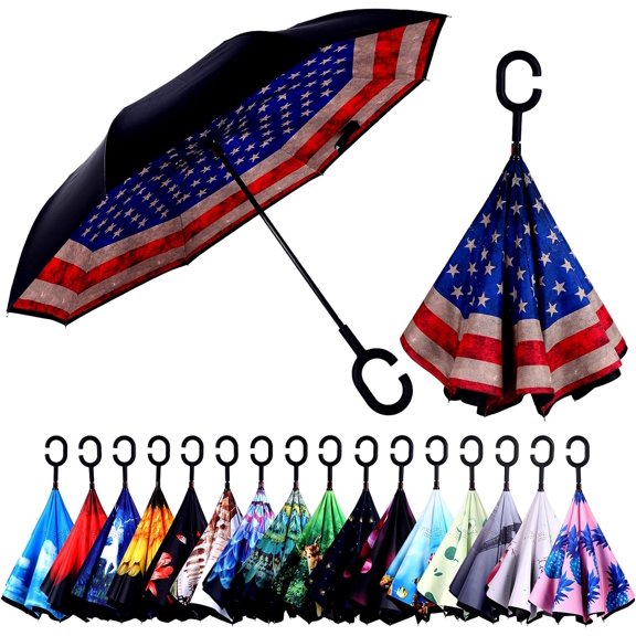 CHE-Inverted Umbrella, Windproof Reverse Umbrellas for Rain with Reversible Inside-Out Design Large Upside Down Umbrella for Women & Men with C-shaped Handle (American Flag)