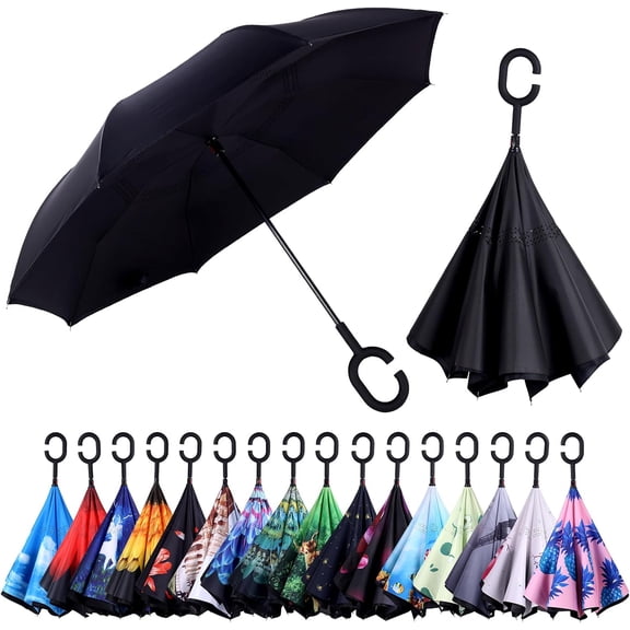 CHE-Inverted Umbrella, Windproof Reverse Umbrellas for Rain with Reversible Inside-Out Design Large Upside Down Umbrella for Women & Men with C-shaped Handle (Black)