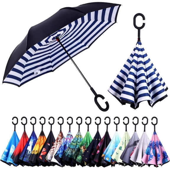 CHE-Inverted Umbrella, Windproof Reverse Umbrellas for Rain with Reversible Inside-Out Design Large Upside Down Umbrella for Women & Men with C-shaped Handle (Blue Stripes)