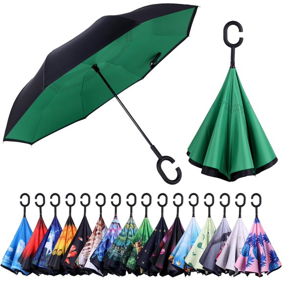 CHE-Inverted Umbrella, Windproof Reverse Umbrellas for Rain with Reversible Inside-Out Design Large Upside Down Umbrella for Women & Men with C-shaped Handle (Green)