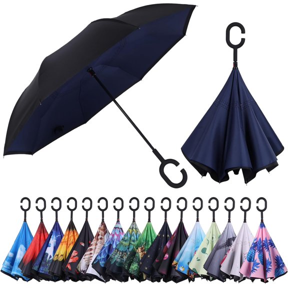 CHE-Inverted Umbrella, Windproof Reverse Umbrellas for Rain with Reversible Inside-Out Design Large Upside Down Umbrella for Women & Men with C-shaped Handle (Navy)