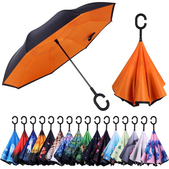 CHE-Inverted Umbrella, Windproof Reverse Umbrellas for Rain with Reversible Inside-Out Design Large Upside Down Umbrella for Women & Men with C-shaped Handle (Orange)