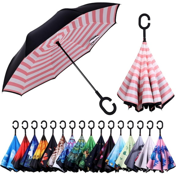 CHE-Inverted Umbrella, Windproof Reverse Umbrellas for Rain with Reversible Inside-Out Design Large Upside Down Umbrella for Women & Men with C-shaped Handle (Pink Stripes)